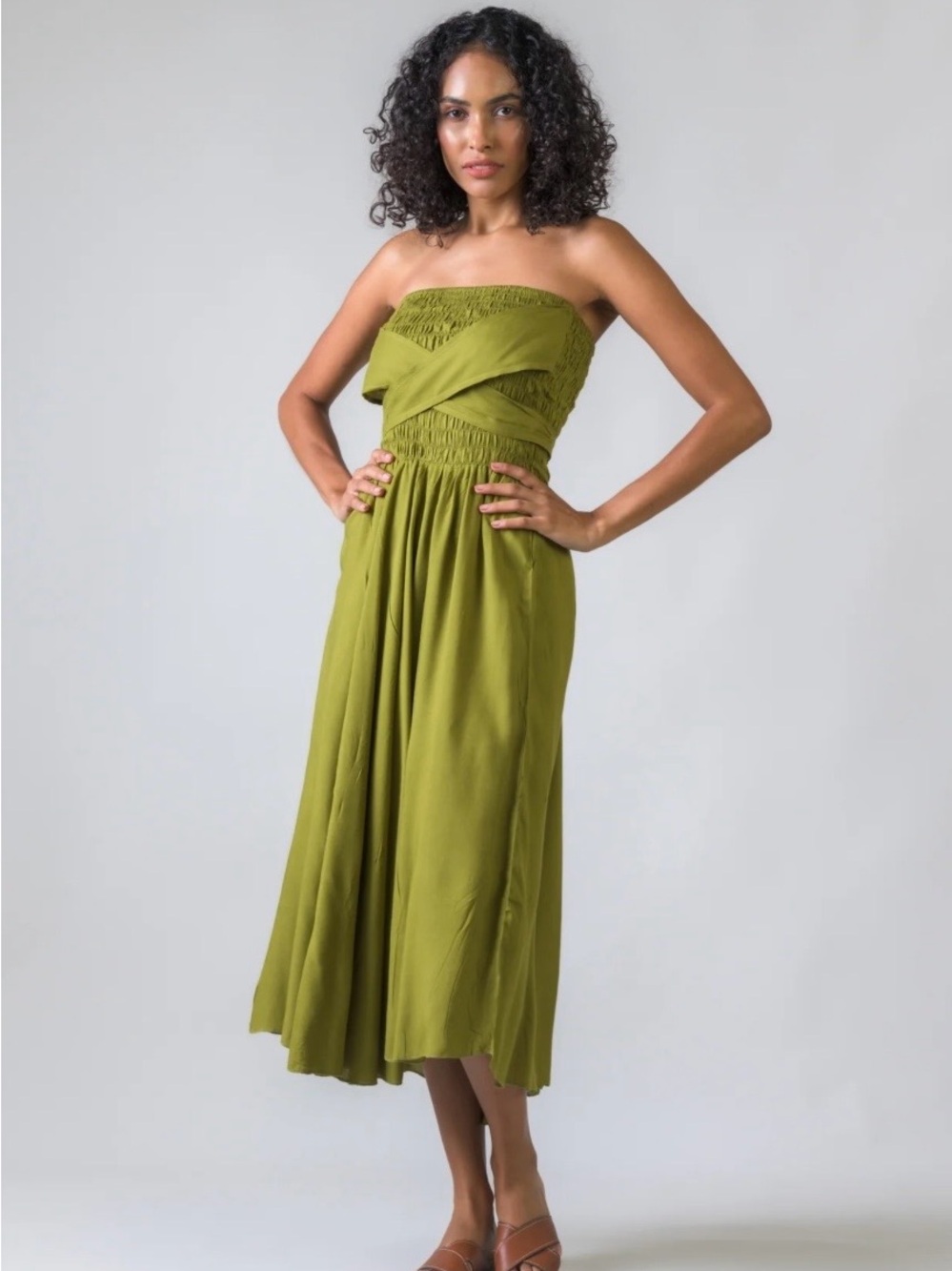 Rhea Bobbin Midi Dress Strapless Smocked Or Tie Waist Boho Maxi Skirt Green NEW